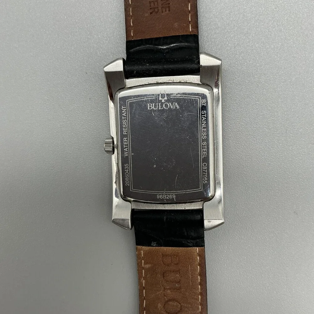 Bulova 96B269 Mens Watch 31mm Tank Silver Tone Black Leather New Battery